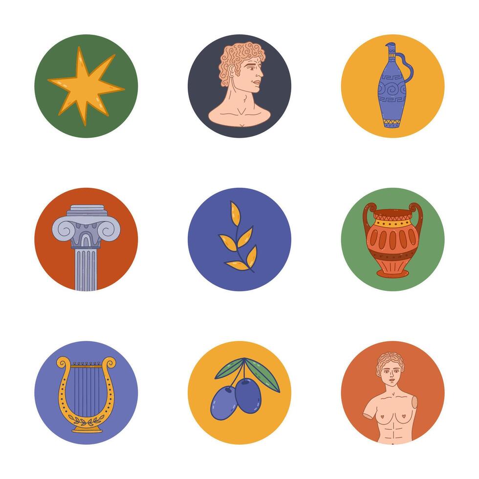Lovely cartoon round cover icon with Greek history clipart for different social media, blogs, branding. Highlight icons for stories with goddess statue, antique jar, lyre. olive in bright colors. vector
