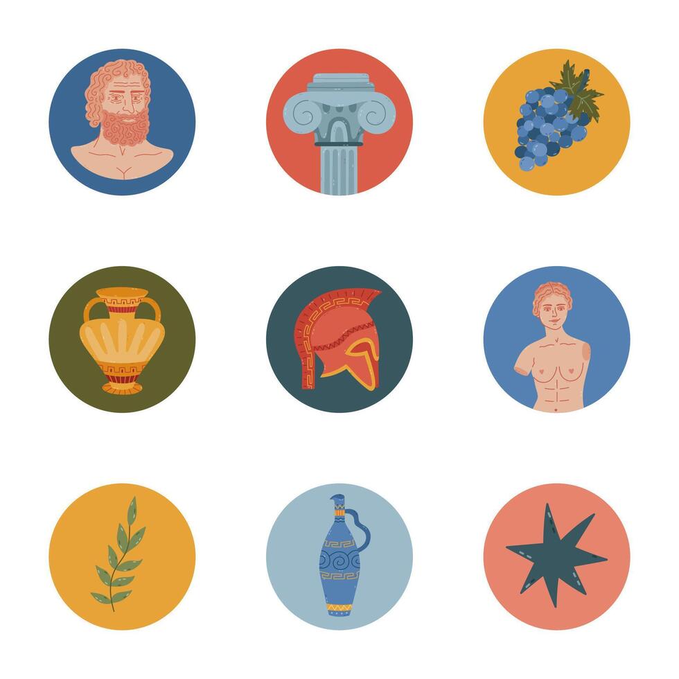 Lovely colourful round stories icon set with medieval Greece clipart for different social media, blogs, branding. Highlight cover icon with cartoon marble god monument, aged amphora, gladiator helmet. vector
