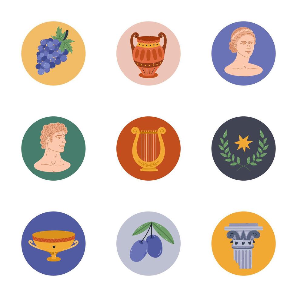 Lovely cartoon round cover icon with antique Greece clipart for different social media, blogs, branding. Highlight icons for stories with marble sculpture, ancient vase, harp, olive in vivid colors. vector