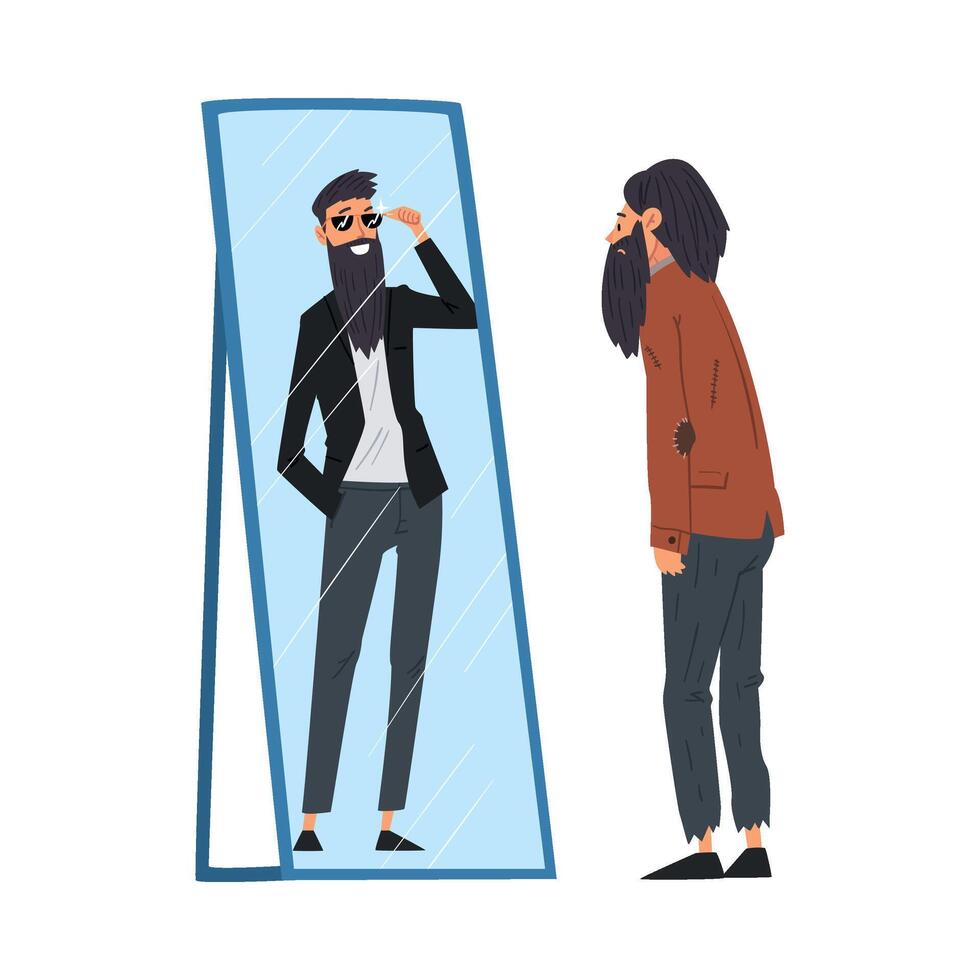 Hipster Man Standing in Front of Mirror Looking at His Reflection and Imagine Himself as Successful and Attractive, Man Seeing Himself Differently in Mirror Illustration vector