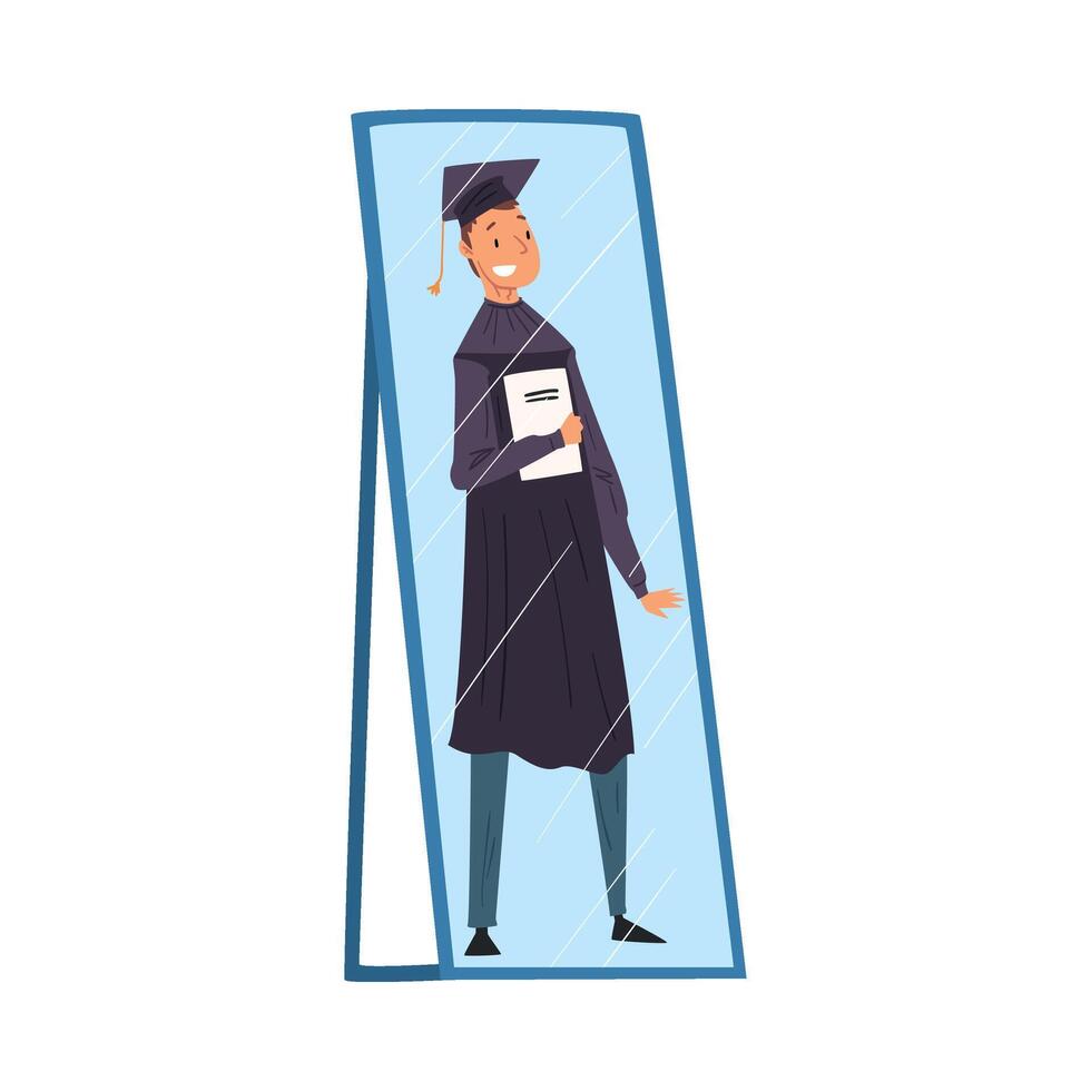 Reflection of Happy Male Graduation Student in Gown and Cap with Diploma in His Hands in the Mirror, Alter Ego Concept Illustration vector