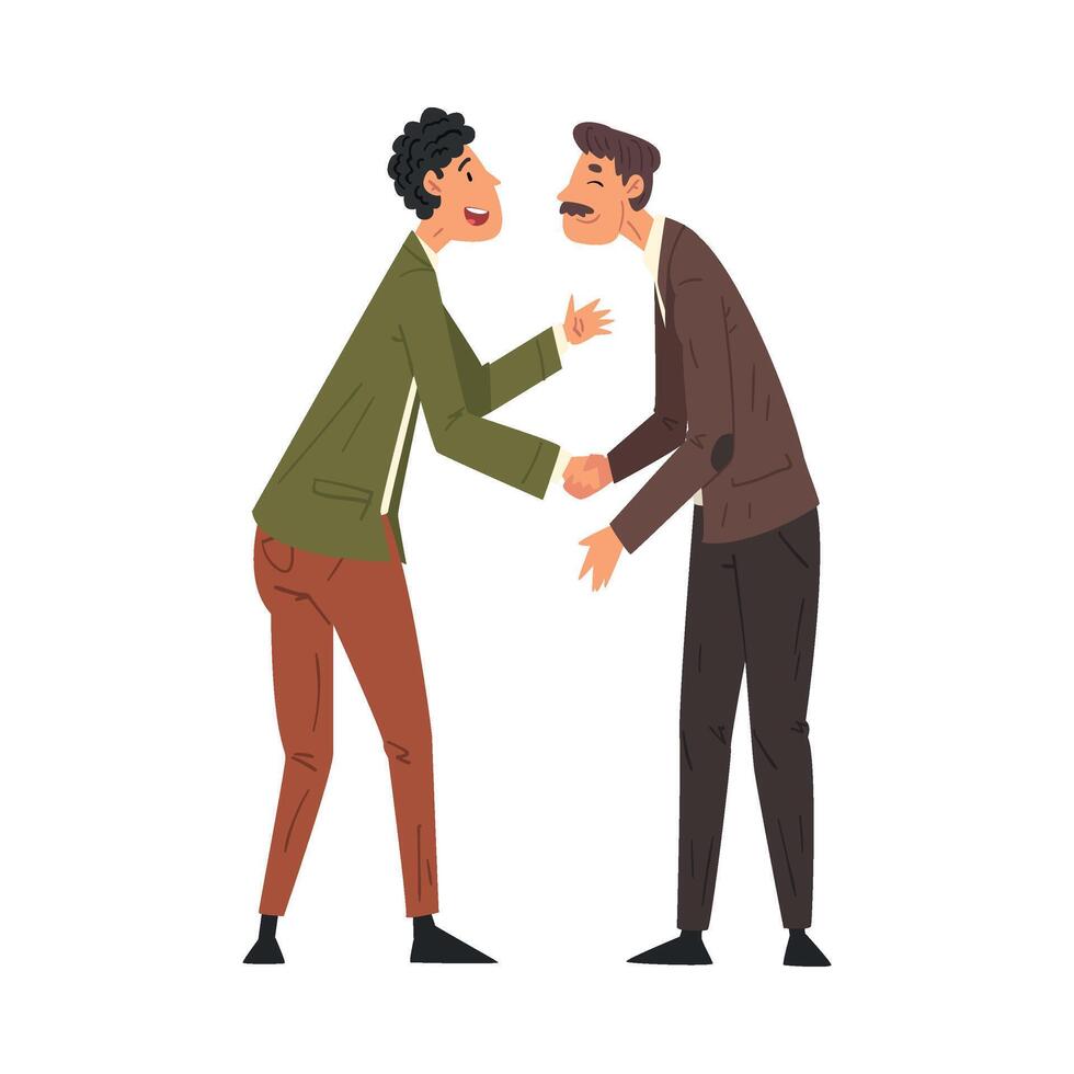 Meet of Two Friends, Business Meeting, Male Characters Handshaking and Communicating Illustration vector