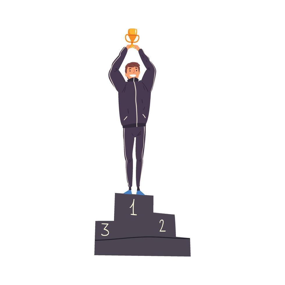 Successful Man Character Standing on Pedestal with Winner Cup Illustration vector