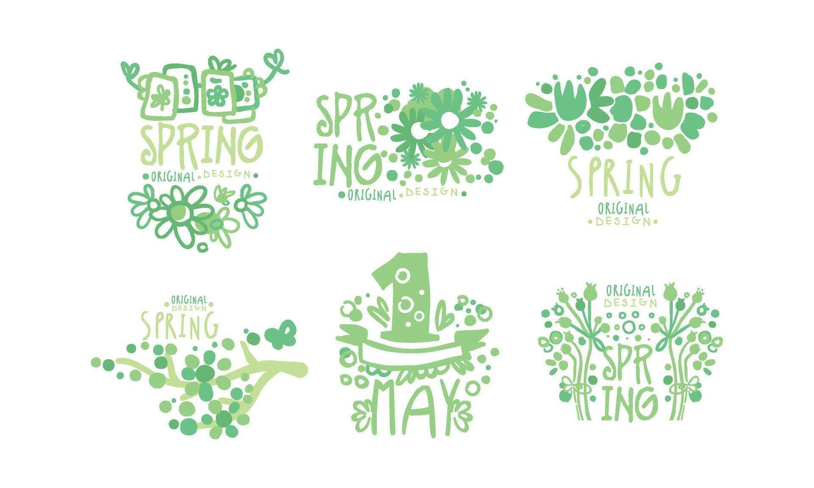 Spring Logo Original Design Collection, First May Green Hand Drawn Graphic Templates Illustration vector