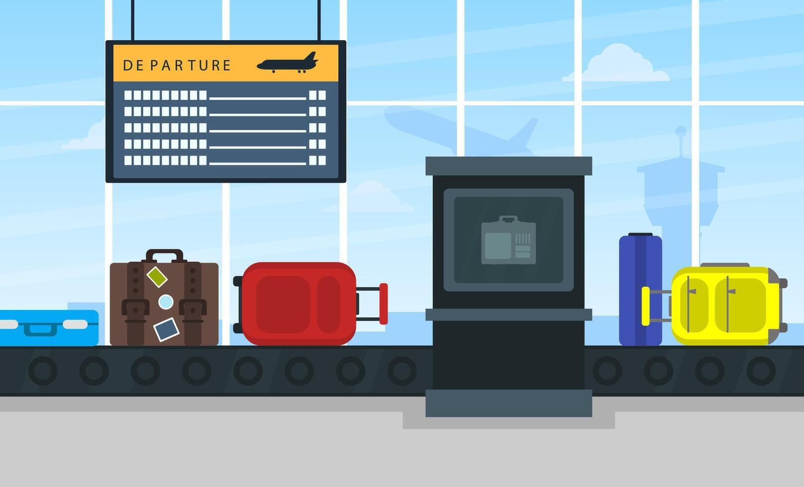 Flight Information Board and Conveyor Belt in Airport Hall Illustration vector