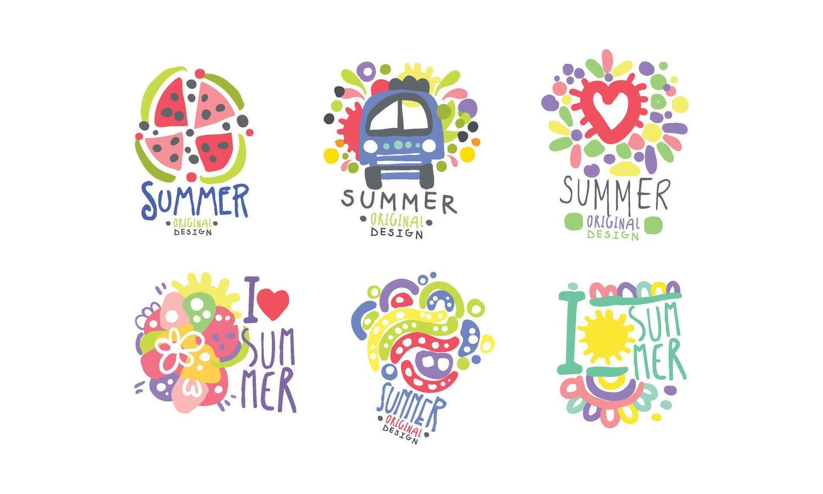Summer Logo Original Design Collection, Bright Colorful Hand Drawn Graphic Templates Illustration vector