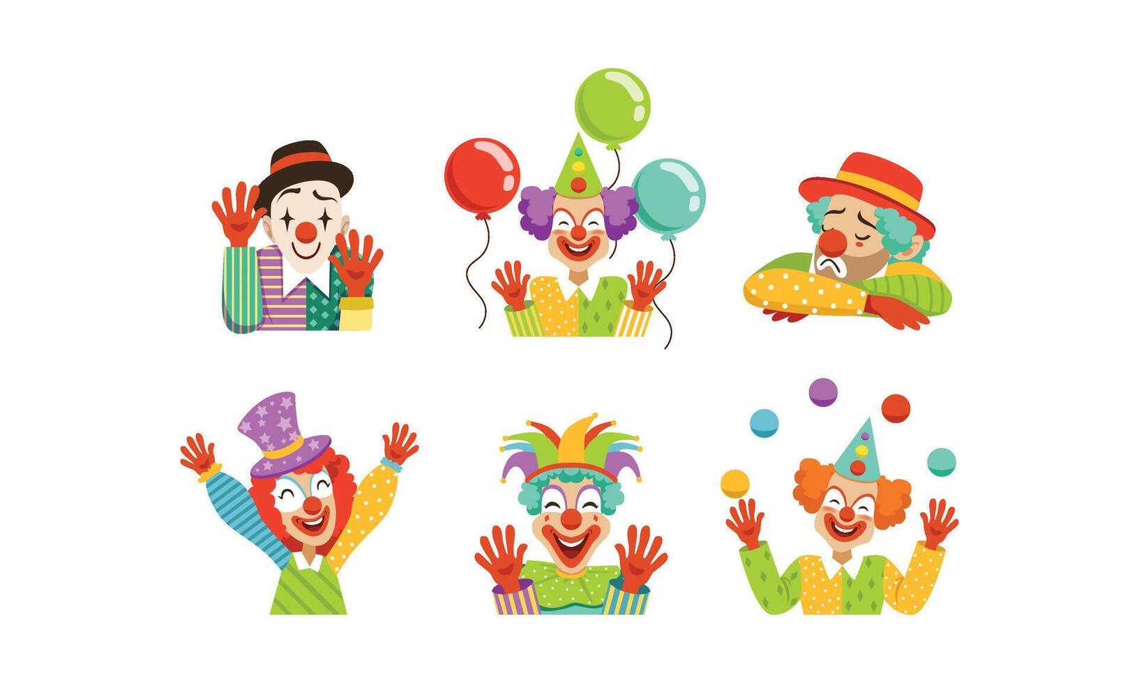 Cute Clowns Collection, Cheerful Circus Cartoon Characters with Funny Faces, Birthday or Carnival Party Design Element Illustration vector