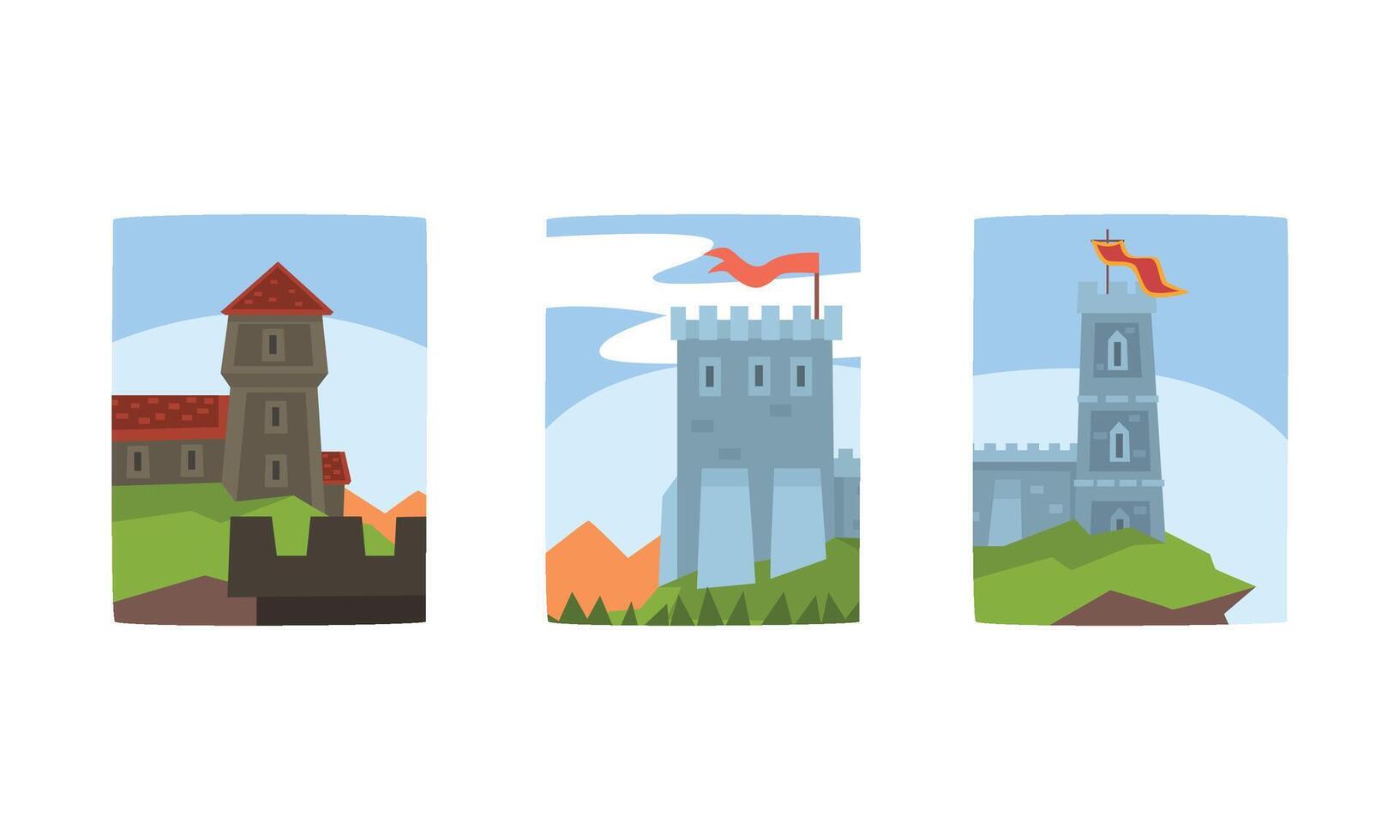 Medieval Stone Castles and Towers with Flags Collection, Ancient Buildings on Summer Nature Landscape Illustration vector