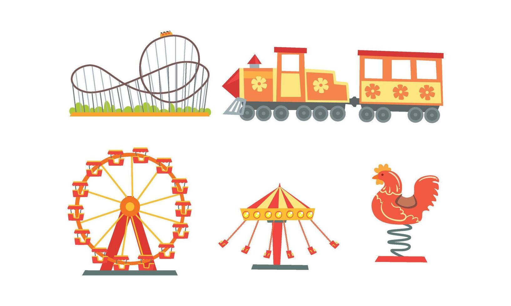 Amusement Park Attractions Collection, Funfair, Carnival, Circus Design Elements with Carousels, Roller Coaster, Train Illustration vector