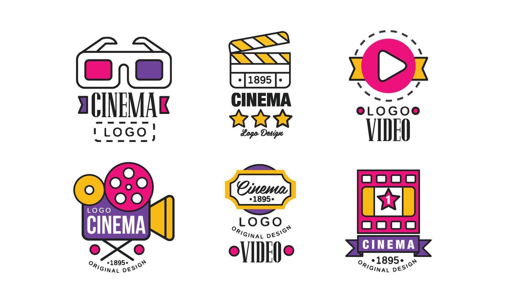 Cinema Logo Design Collection, Bright Original Retro Cinematography Badges Illustration vector