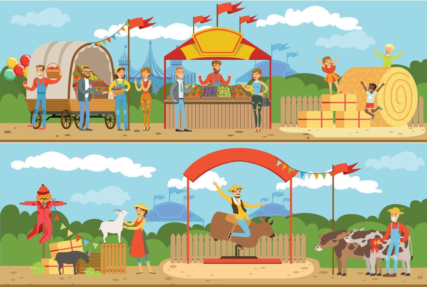 Farm Market, Farmers Selling Fresh Organic Food Products and Livestock, Cheerful Customers Walking and Buying at Funfair Illustration vector