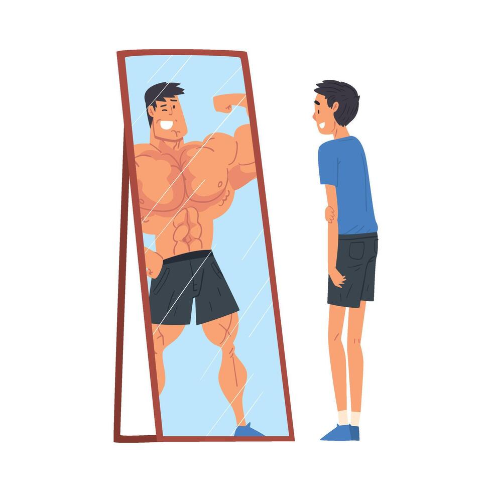 Guy Standing in Front of Mirror Looking at His Reflection and Imagine Himself as Muscular Attractive Athlete, Ordinary Man Seeing Himself Differently in Mirror Illustration vector