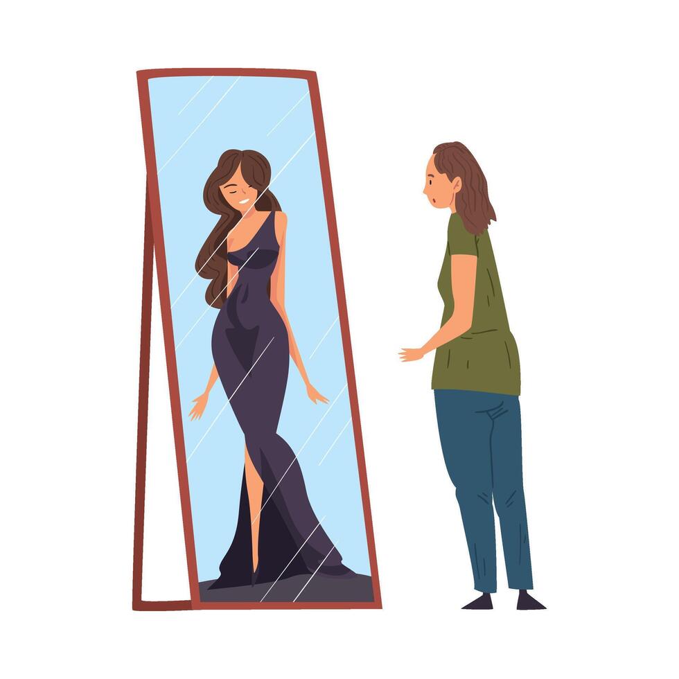 Overweight Woman Standing in Front of Mirror Looking at her Reflection and Imagine Herself as Slim, Woman Seeing Herself Differently in the Mirror Illustration vector