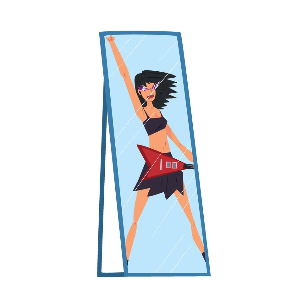 Reflection of Successful Slim Girl with Guitar in the Mirror, Alter Ego Concept Illustration vector