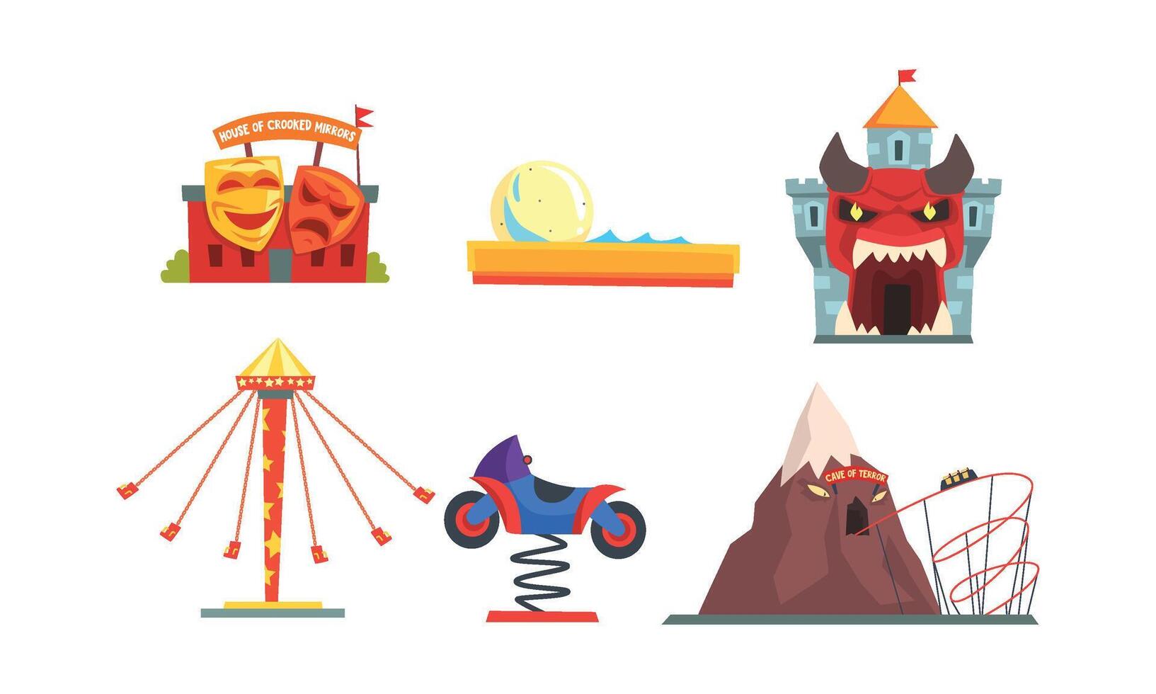 Amusement Park with Family Attractions Collection, Funfair, Carnival, Circus Design Elements Illustration vector