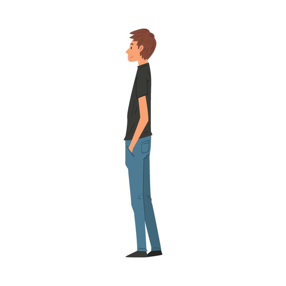 Young Man in Casual Clothes Looking at Something, Side View Illustration vector