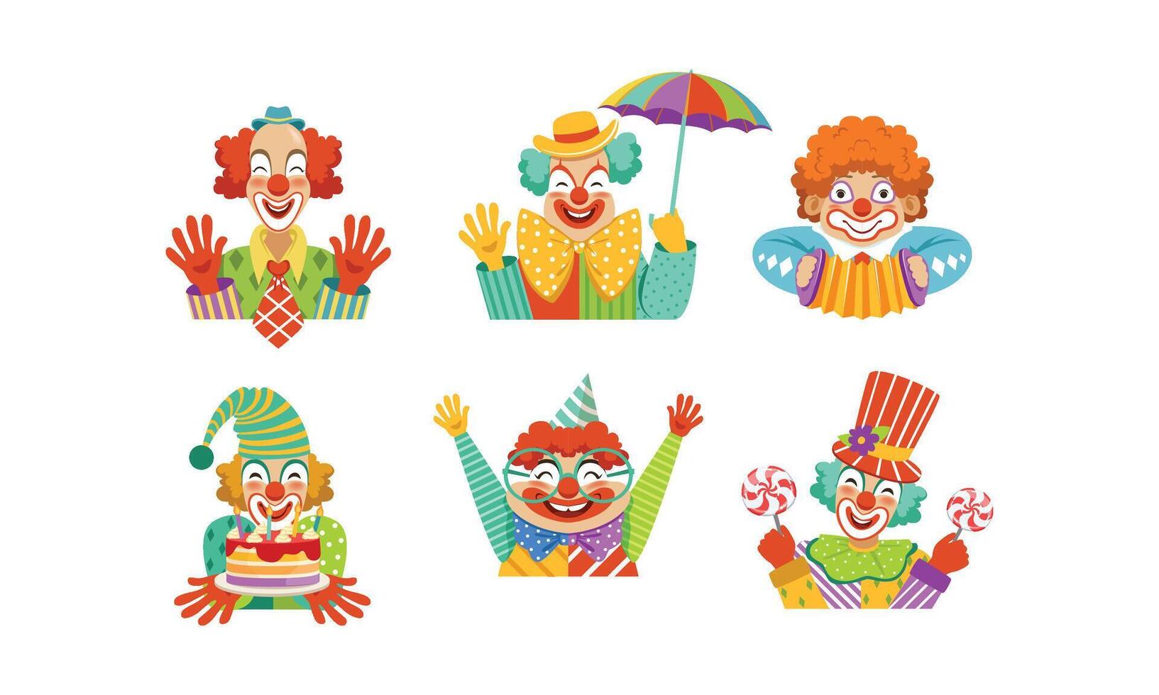 Funny Clowns Collection, Cheerful Circus Cartoon Characters, Birthday or Carnival Party Design Element Illustration vector