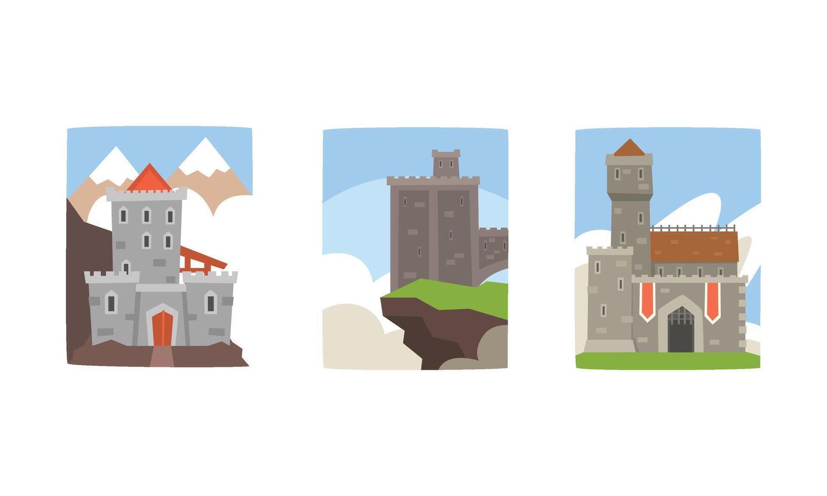 Medieval Castles Collection, Ancient Buildings on Summer Nature Landscape Illustration vector