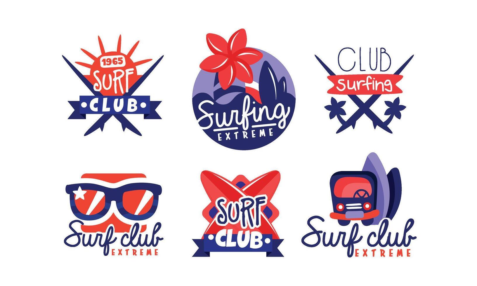Extreme Surfing Retro Logo Design Collection, Surf Club Bright Badges, Emblems Illustration vector