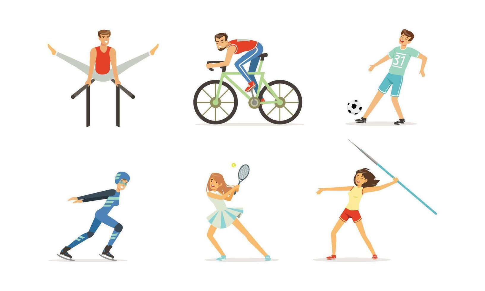 People Doing Different Kind of Sports Set, Professional Athletes Characters Cycling, Ice Skating, Playing Soccer, Tennis, Throwing Javelin Illustration vector