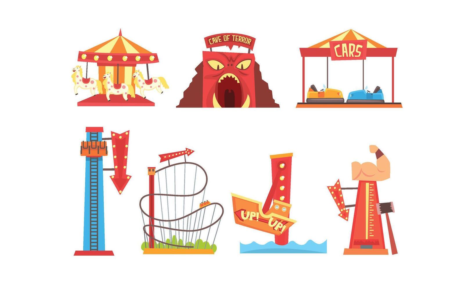Amusement Park with Family Attractions Collection, Funfair, Carnival, Circus Design Elements with Carousels, Roller Coaster, Bumper Cars Illustration vector