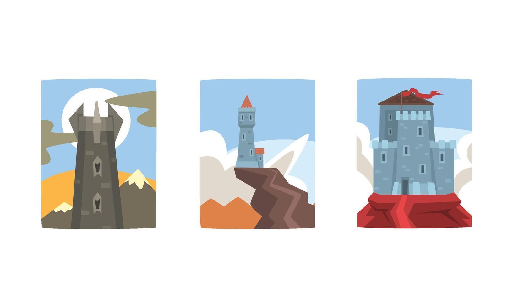 Medieval Stone Castles and Towers Collection, Ancient Buildings on Summer Nature Landscape Illustration vector