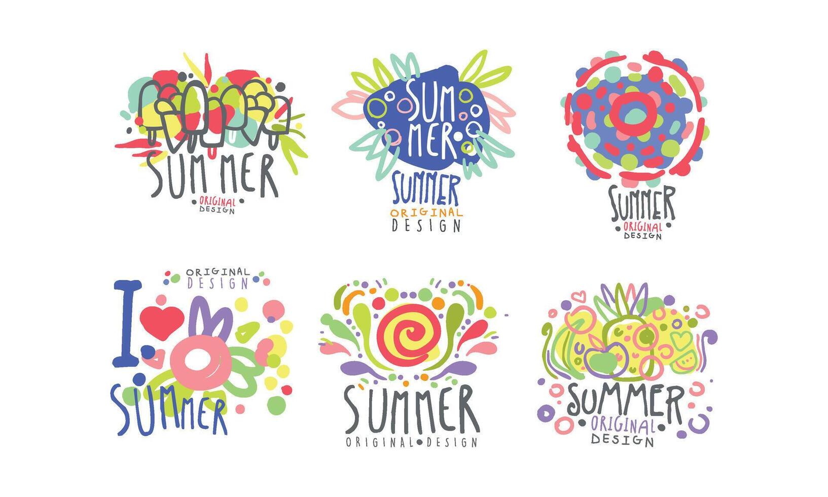 Summer Logo Original Design Collection, Summertime Bright Colorful Hand Drawn Badges Illustration vector