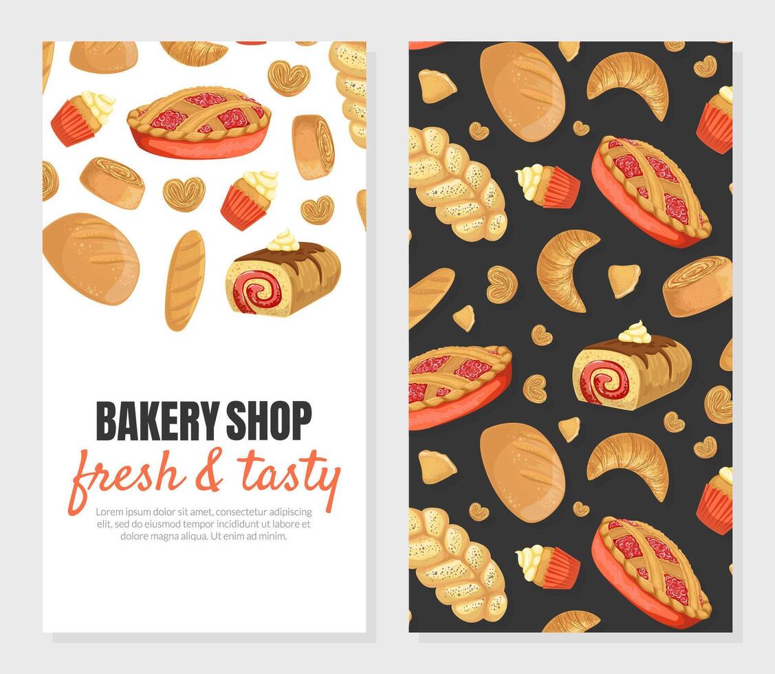 Bakery Shop Fresh and Tasty Card Template with Baking Products Seamless Pattern, Element Can Be Used for Menu, Packaging, Flyer, Certificate Illustration vector