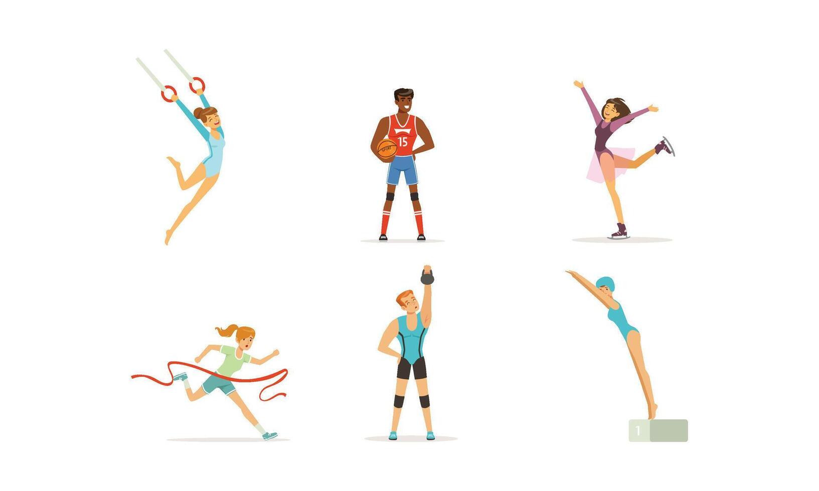 People Doing Different Kind of Sports Set, Male and Female Professional Athletes Characters Running, Figure Skating, Playing Baseball, Swimming, Lifting Kettlebell Illustration vector