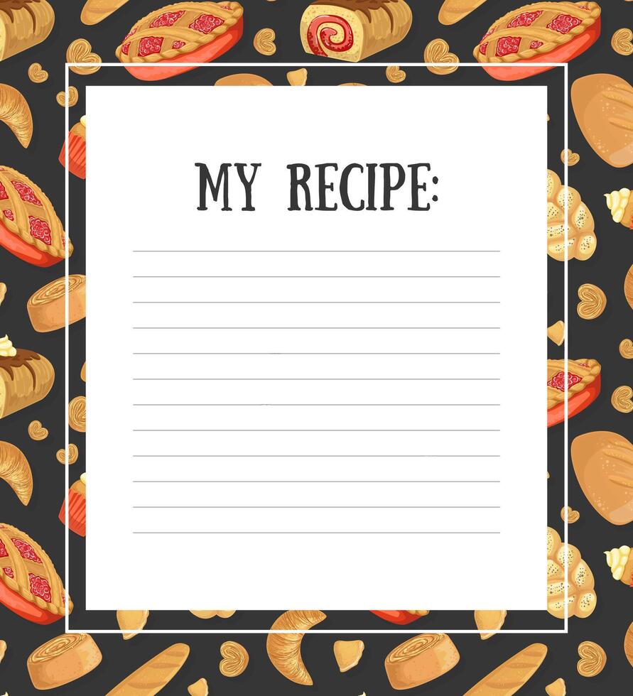 My Recipe Blank Card Template with Fresh Baking Products, Cookbook Page Illustration vector