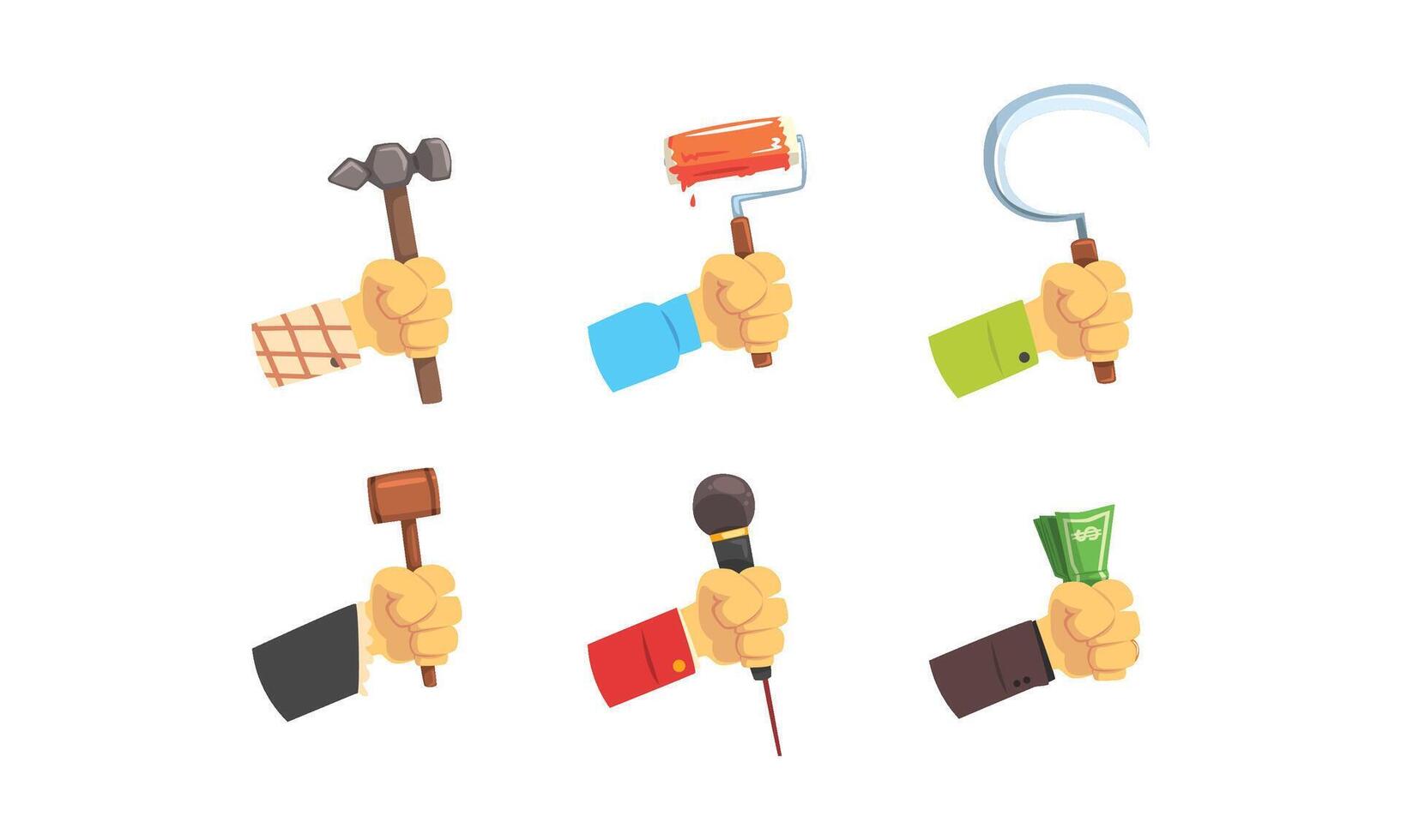 Hands Holding Tools Set, Male Hand with Symbols of Different Professions Illustration vector