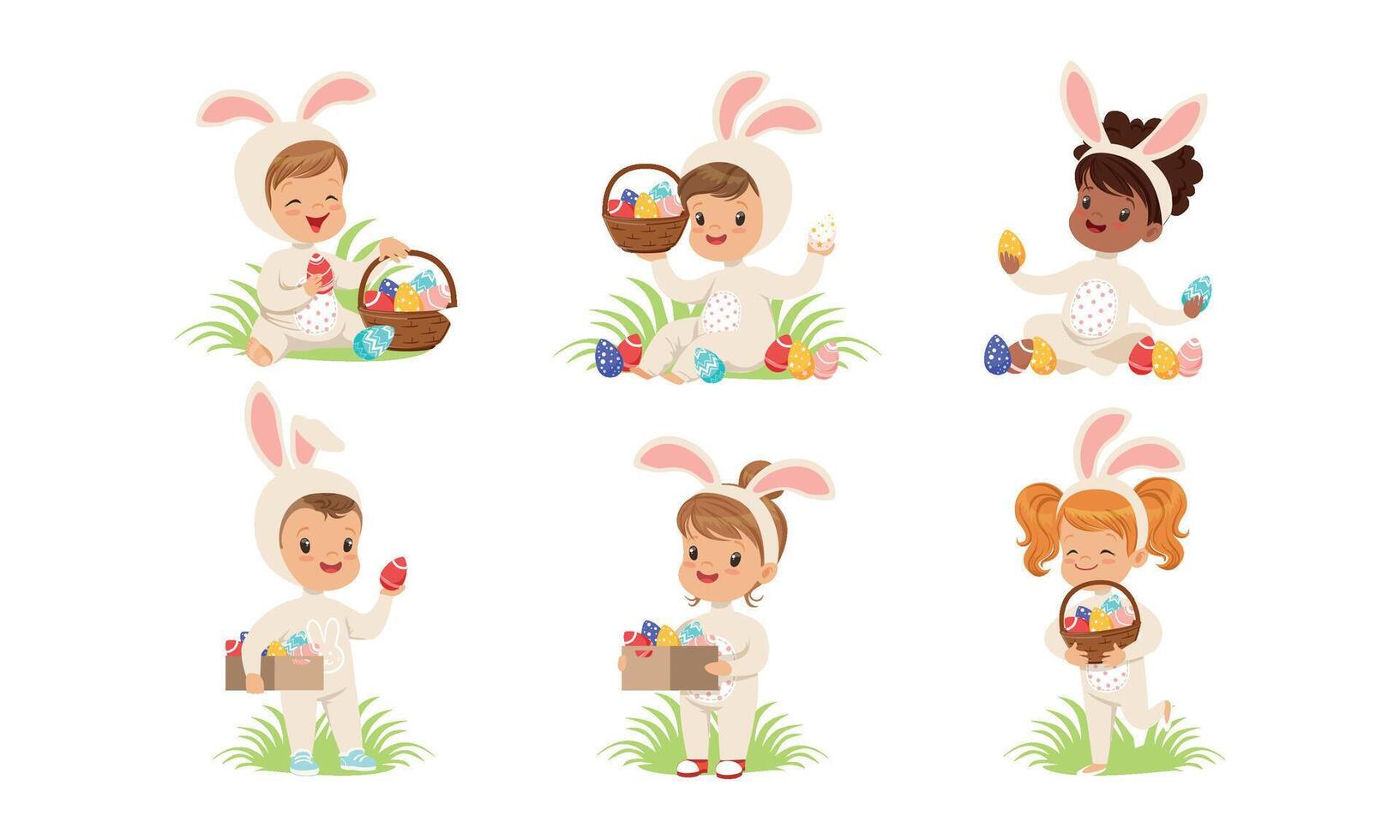 Happy Easter, Collection of Cute Little Kids Dressed in Bunny Costumes Playing with Colorful Easter Eggs Illustration vector