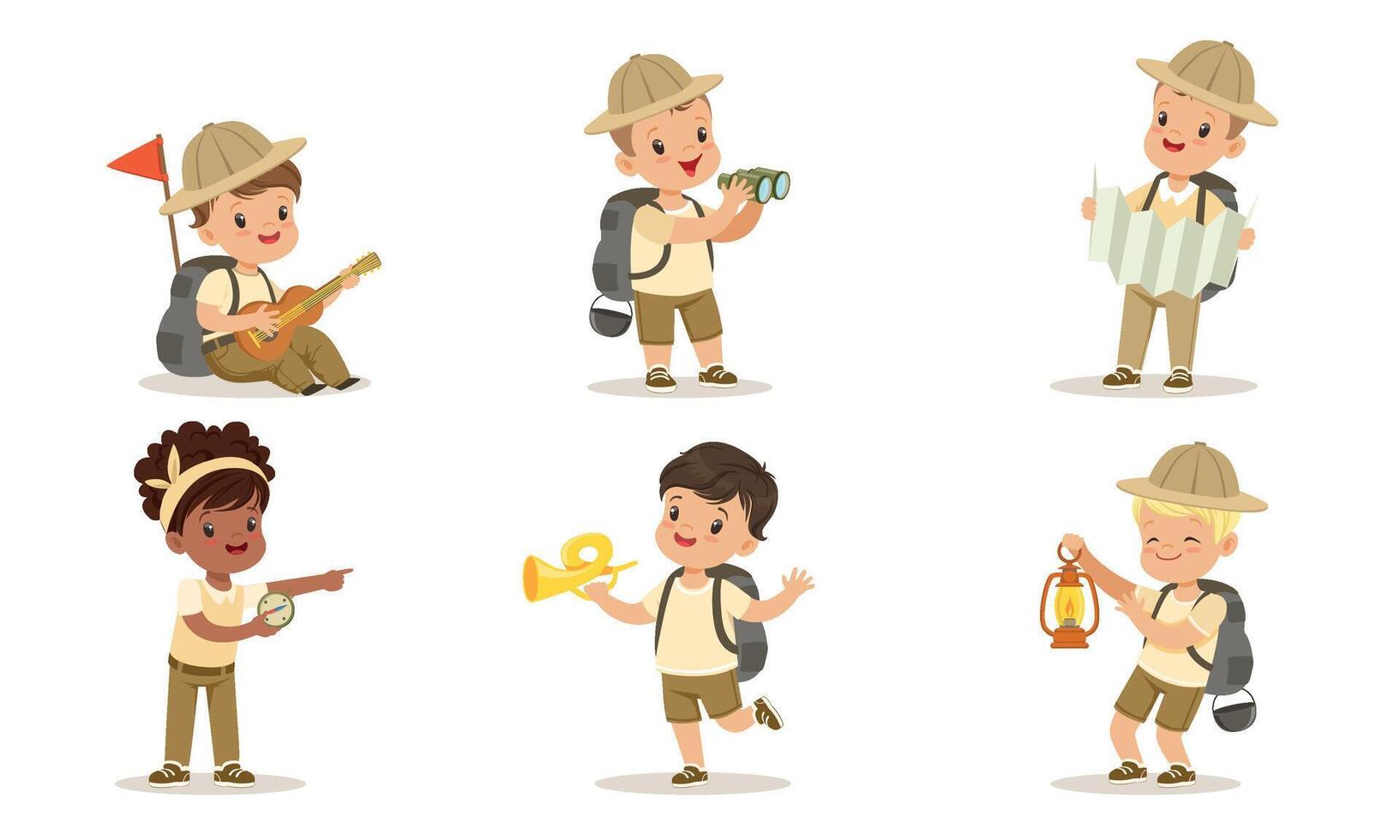 Collection of Kids Scouts Camping, Cute Boys and Girls in Uniform with Hiking Equipment Illustration on White Background vector