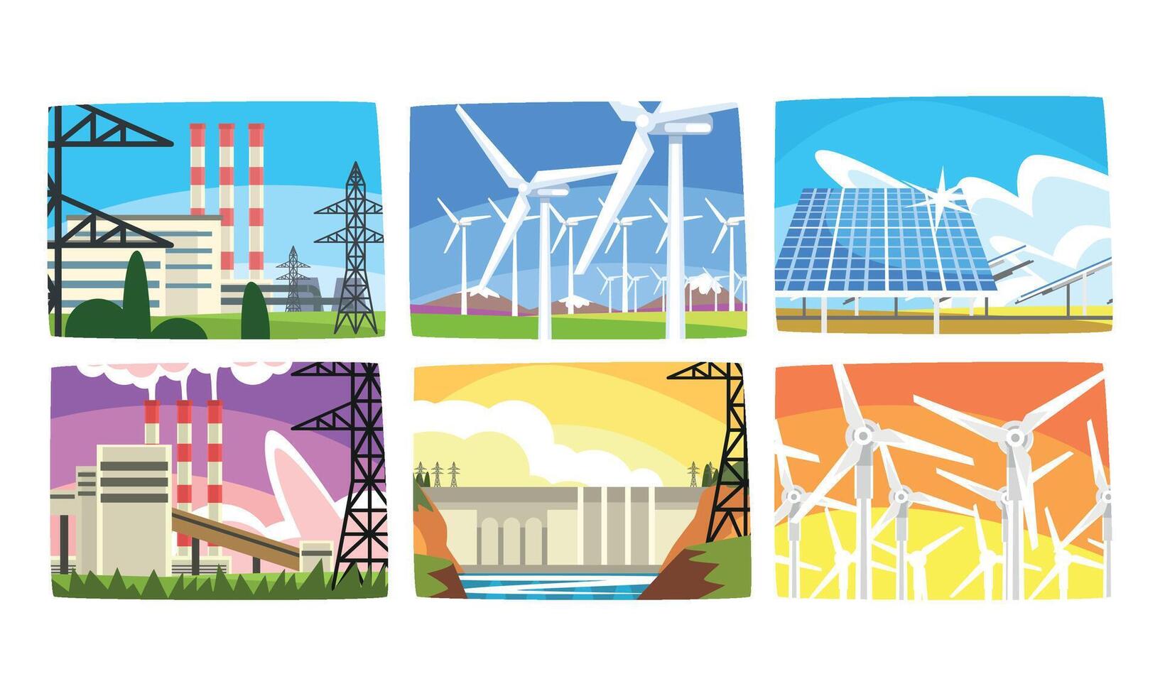 Traditional and Innovative Ecological Energy Generation Power Stations Collection, Wind Power Station, Solar Panels, Hydroelectric Power Station Illustration vector