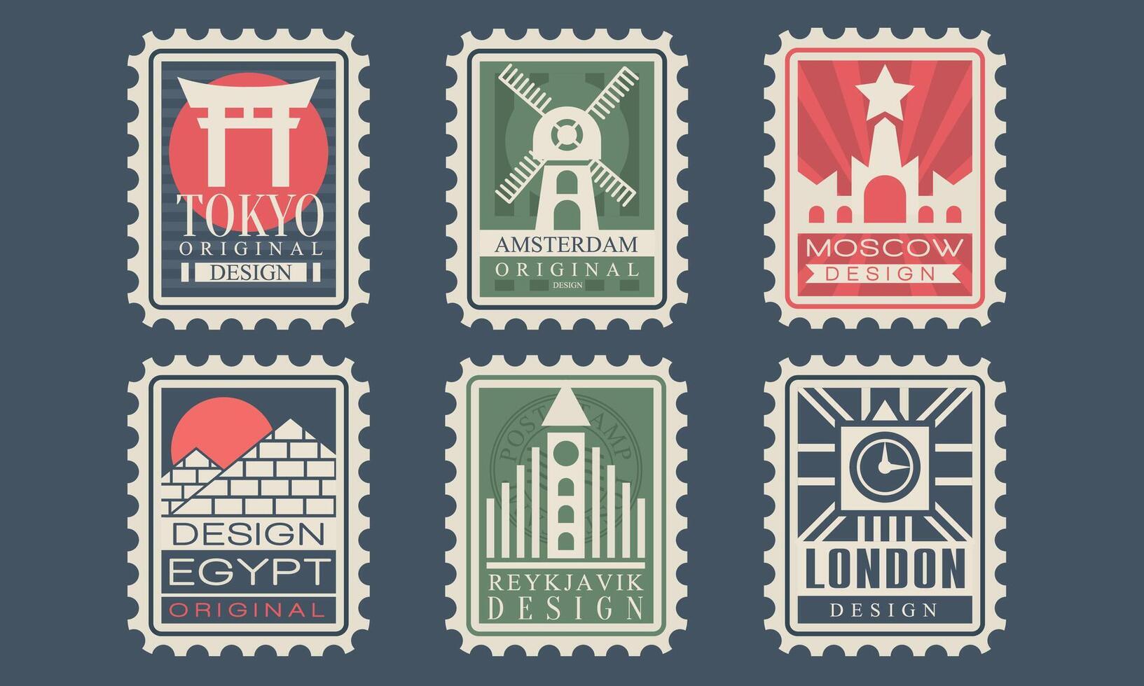Collection of City Stamps from Different Countries with Architectural Landmarks, Tokyo, Amsterdam, Moscow, Egypt, Reykjavik, London Illustration vector