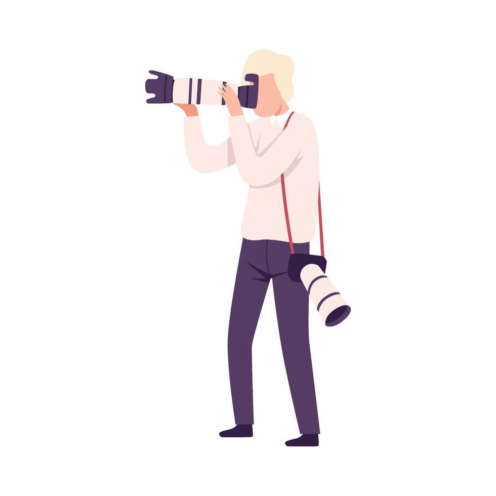 Photographer Taking Photo with Digital Camera, Male Paparazzi, Journalist or Television Correspondent Character Flat Illustration vector