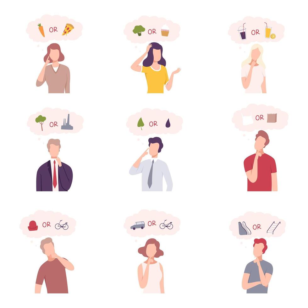 People Trying to Make Decisions Set, Men and Women Thinking about Environmental Protection, Healthy and Unhealthy Food and Lifestyle Flat Illustration vector