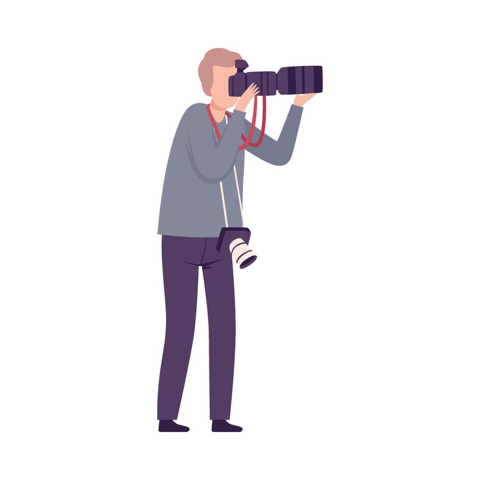 Male Photographer Taking Photo with Digital Camera, Paparazzi Character Flat Illustration vector