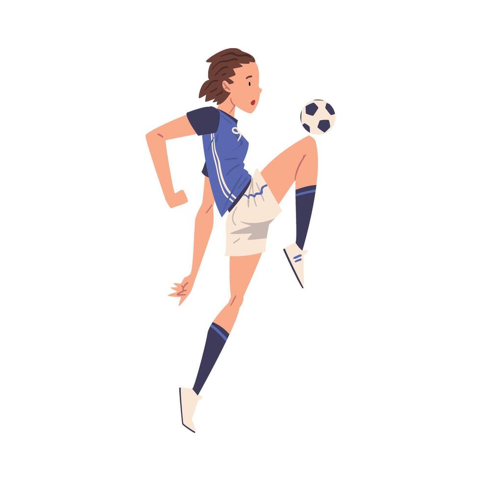 Girl Soccer Player Character, Young Woman in Sports Uniform Playing Football, Female Athlete Kicking the Ball Illustration vector
