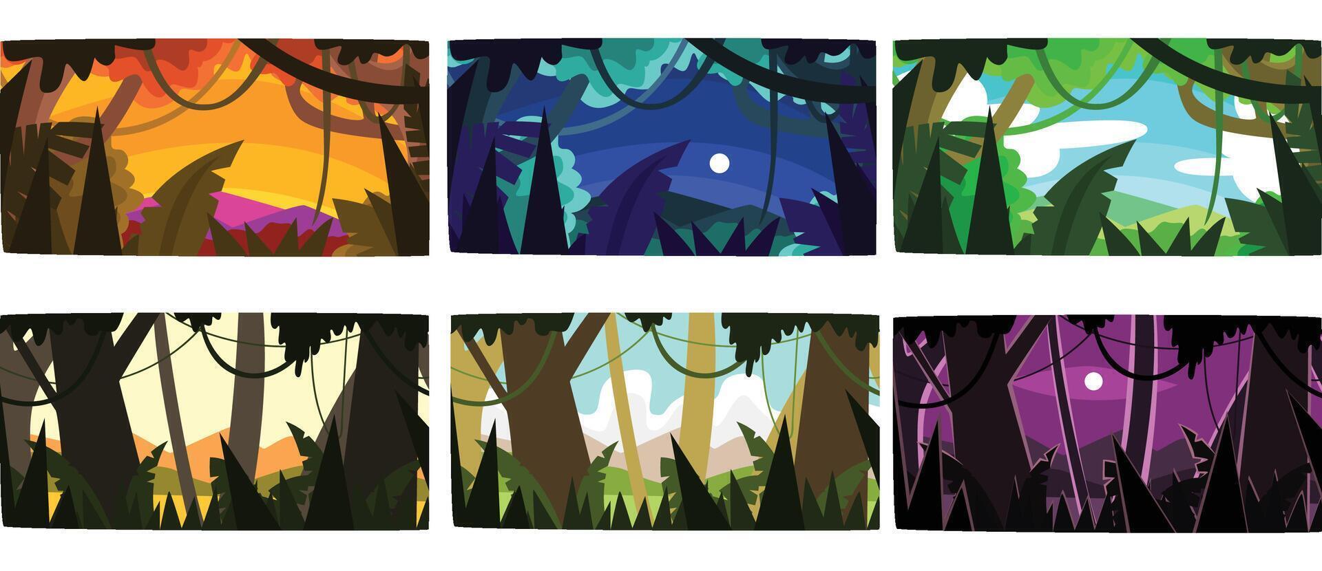 Collection of Beautiful Scene of Nature in Different Time of Day, Tropical Rainforest Horizontal Sceneries Illustration vector