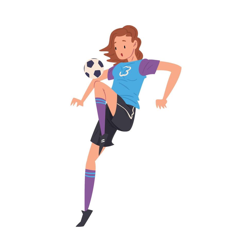 Girl Playing Soccer, Young Woman Football Player Character in Sports Uniform Kicking the Ball Illustration vector