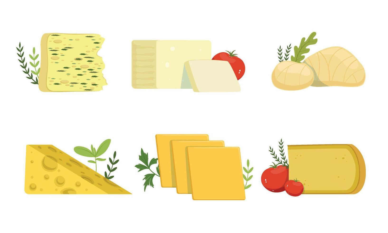 Various Types of Cheese Collection, Delicious Fresh Dairy Products Illustration Isolated on White Background vector