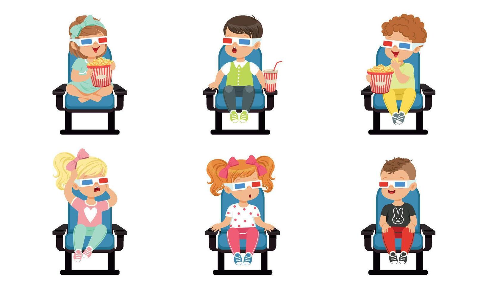 Cute Kids Watching Movie with 3D Glasses While Eating Popcorn and Drinking Soda Drink Illustration on White Background vector