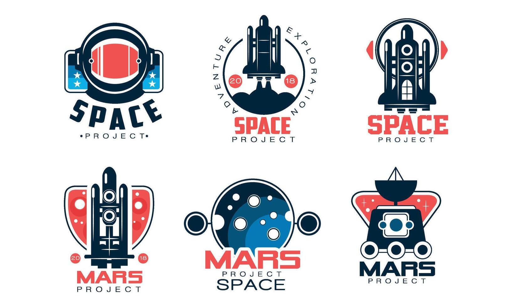 Mars Project Logo Collection, Space, Exploration, Red Planet Colonization Labels Illustration vector