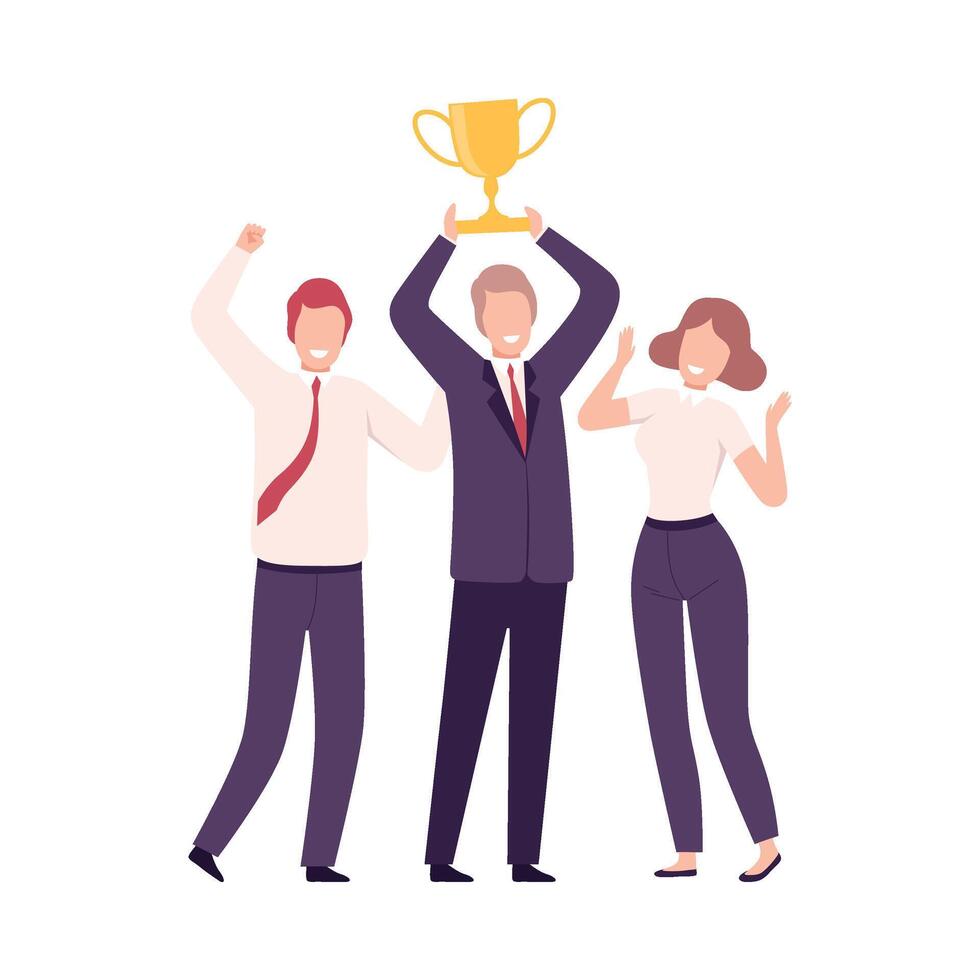 Business People Celebrating Victory with Trophy Cup, Managers Characters Dressed in Business Suits Standing with Their Hands Up Flat Illustration vector