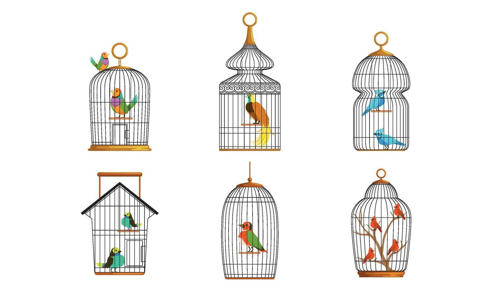 Exotic Birds in Iron Cages Collection, Cute Colorful Birdies Illustration on White Background vector