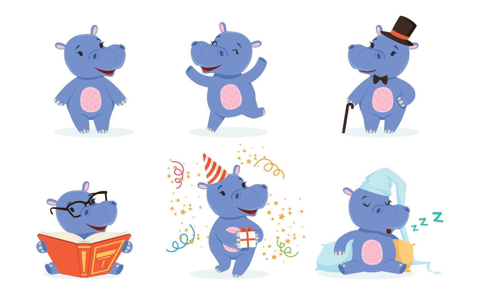 Cute Hippo in Different Situations Collection, Lovely Humanized Animal Cartoon Character Illustration on White Background vector