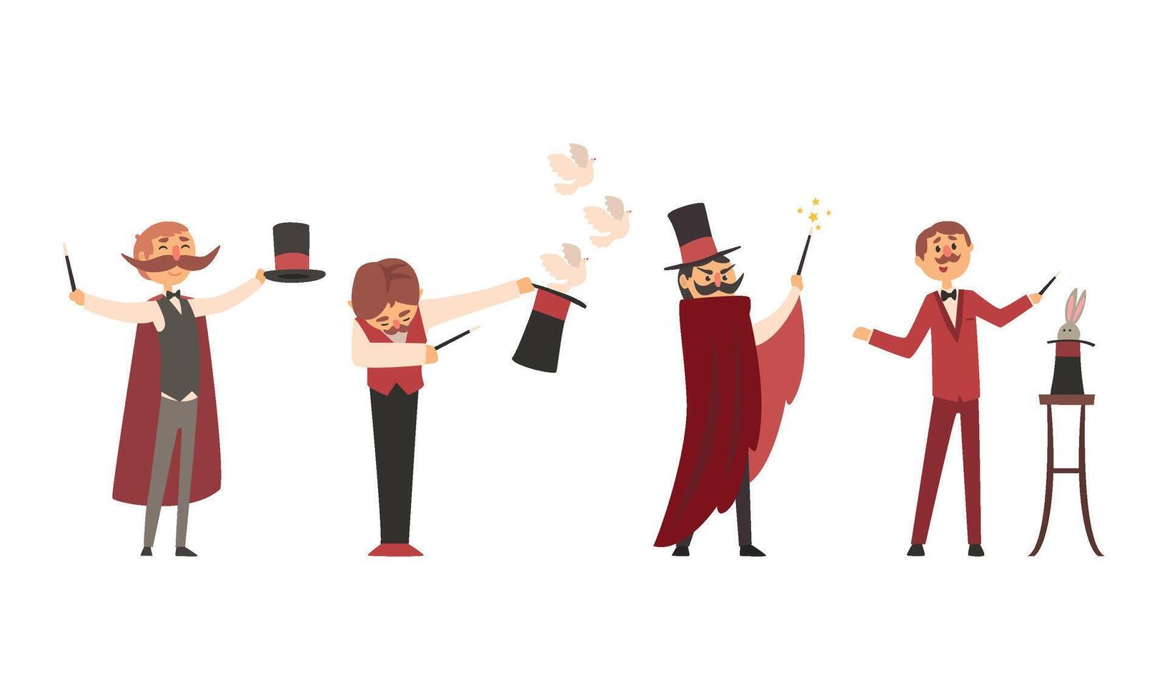 Collection of Magicians Characters Performing Tricks at Magic Show Illustration vector