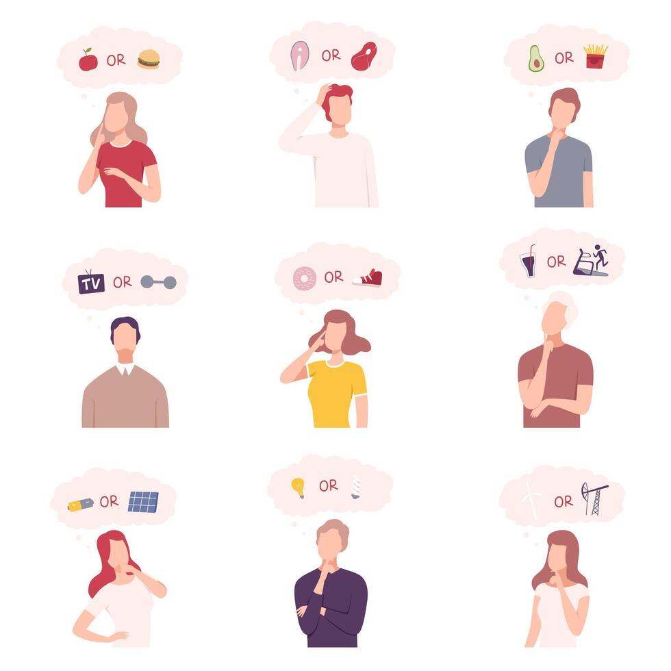 People Trying to Make Decisions Set, Men and Women Thinking about Environmental Protection, Healthy and Unhealthy Food Flat Illustration vector