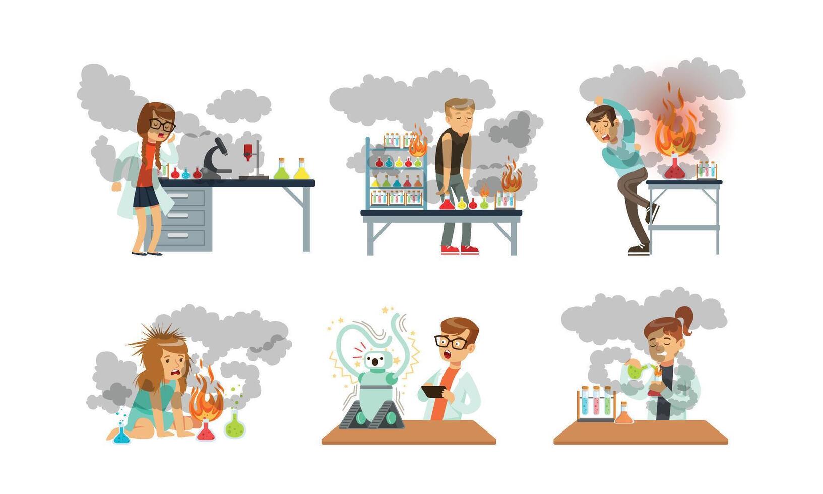 Collection of Young Scientist After Failed Experiments, Schoolchildren Experimenting in Science Laboratory Illustration vector